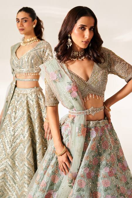 Buy_Studio Iris India_Green Organza Sequins, Embroidery V-neck Juliet Floral Bridal Lehenga Set_Online_at_Aza_Fashions