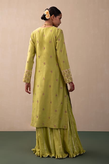 Pink City by Sarika Green Silk Chanderi Embroidery Zari Round Neck And Gota Kurta Sharara Set  2