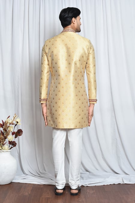 Shop_Arihant Rai Sinha_Gold Jacquard, Polyester Lace, Diamonds Woven Sherwani Set _at_Aza_Fashions