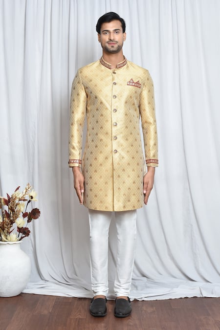 Buy_Arihant Rai Sinha_Gold Jacquard, Polyester Lace, Diamonds Woven Sherwani Set _Online_at_Aza_Fashions