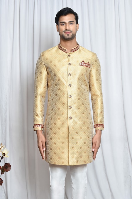 Shop_Arihant Rai Sinha_Gold Jacquard, Polyester Lace, Diamonds Woven Sherwani Set _Online_at_Aza_Fashions