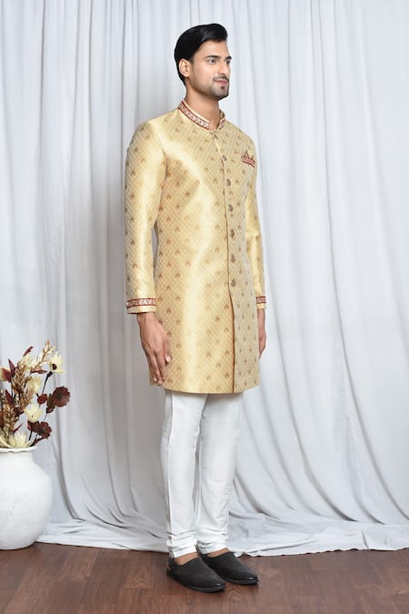 Arihant Rai Sinha_Gold Jacquard, Polyester Lace, Diamonds Woven Sherwani Set _at_Aza_Fashions