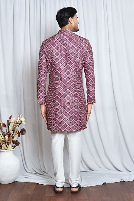 Arihant Rai Sinha_Purple Cotton, Polyester Sequins, Embroidery Patola Print Sherwani Set _Online_at_Aza_Fashions
