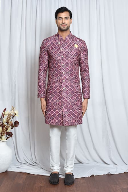 Shop_Arihant Rai Sinha_Purple Cotton, Polyester Sequins, Embroidery Patola Print Sherwani Set _Online_at_Aza_Fashions