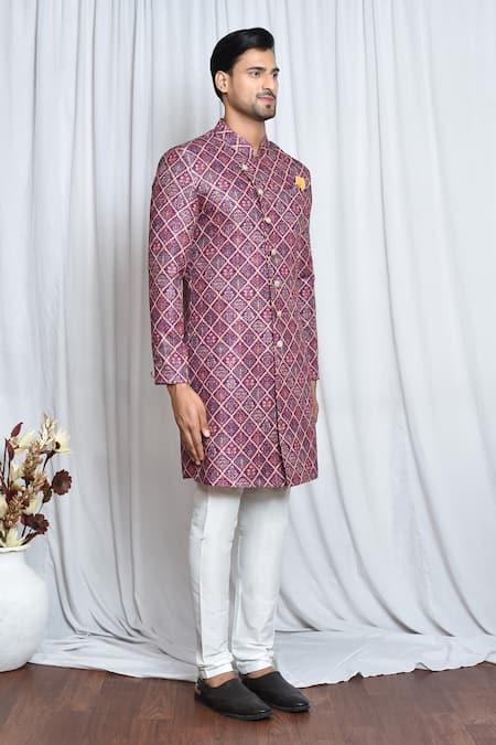 Arihant Rai Sinha_Purple Cotton, Polyester Sequins, Embroidery Patola Print Sherwani Set _at_Aza_Fashions