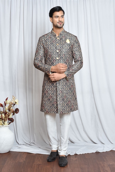 Aryavir Malhotra Green Sherwani Soft Cotton Printed Floral Set