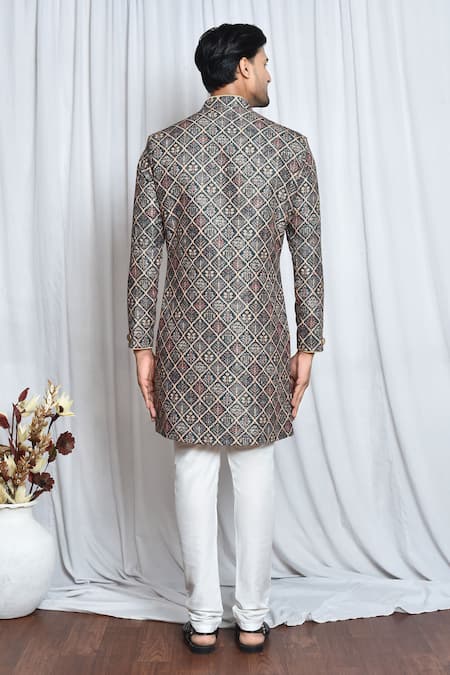 Arihant Rai Sinha_Green Cotton, Polyester Sequins Floral Print Sherwani Set _Online_at_Aza_Fashions