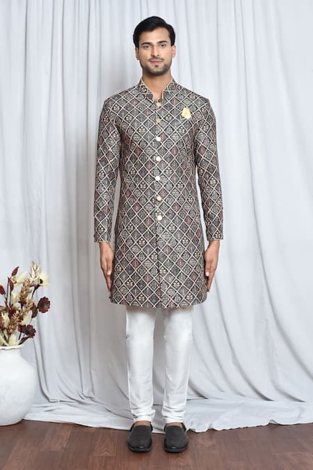 Shop_Arihant Rai Sinha_Green Cotton, Polyester Sequins Floral Print Sherwani Set _Online_at_Aza_Fashions
