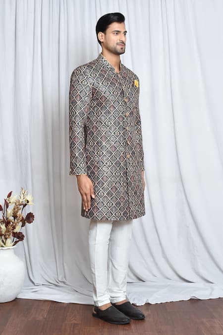 Arihant Rai Sinha_Green Cotton, Polyester Sequins Floral Print Sherwani Set _at_Aza_Fashions