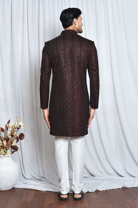 Shop_Arihant Rai Sinha_Maroon Velvet, Polyester Sequins, Embroidery Sherwani Set _at_Aza_Fashions