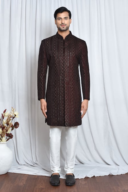 Buy_Arihant Rai Sinha_Maroon Velvet, Polyester Sequins, Embroidery Sherwani Set _Online_at_Aza_Fashions