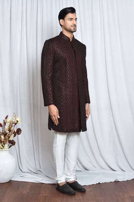 Arihant Rai Sinha_Maroon Velvet, Polyester Sequins, Embroidery Sherwani Set _at_Aza_Fashions