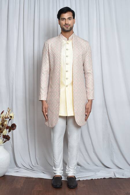 Shop_Arihant Rai Sinha_Cream Silk, Polyester Sequins, Embroidery Sherwani Set _Online_at_Aza_Fashions