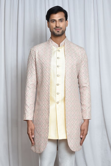 Arihant Rai Sinha_Cream Silk, Polyester Sequins, Embroidery Sherwani Set _at_Aza_Fashions