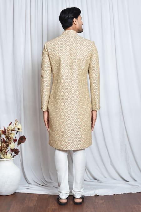 Shop_Arihant Rai Sinha_Cream Silk, Polyester, Viscose Sequins, Embroidery Zari Sherwani Set _at_Aza_Fashions