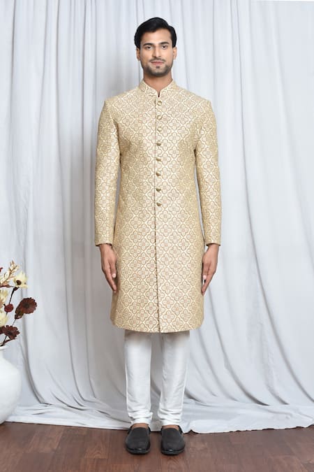 Buy_Arihant Rai Sinha_Cream Silk, Polyester, Viscose Sequins, Embroidery Zari Sherwani Set _Online_at_Aza_Fashions