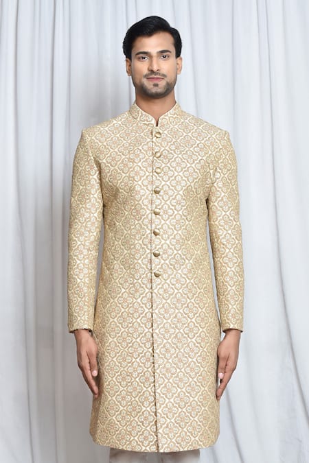 Shop_Arihant Rai Sinha_Cream Silk, Polyester, Viscose Sequins, Embroidery Zari Sherwani Set _Online_at_Aza_Fashions