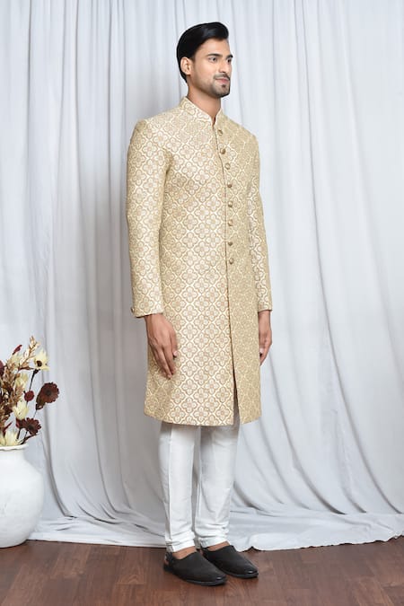 Arihant Rai Sinha_Cream Silk, Polyester, Viscose Sequins, Embroidery Zari Sherwani Set _at_Aza_Fashions