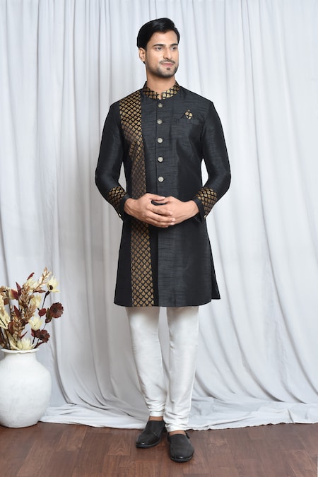 Aryavir Malhotra Black Sherwani Silk Woven Floral Placement Set 