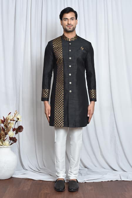 Shop_Arihant Rai Sinha_Black Silk, Polyester Embroidery Floral Placement Woven Sherwani Set _Online_at_Aza_Fashions