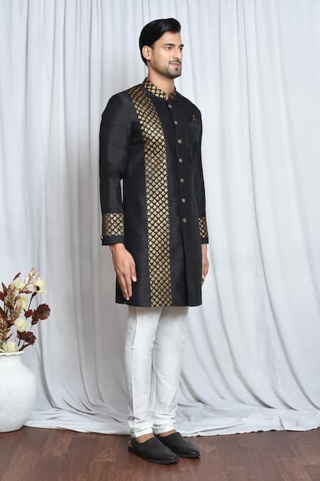 Arihant Rai Sinha_Black Silk, Polyester Embroidery Floral Placement Woven Sherwani Set _at_Aza_Fashions