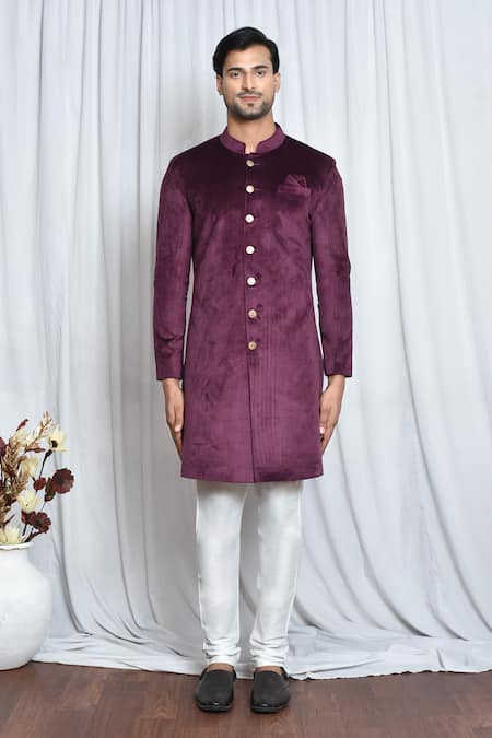 Buy_Arihant Rai Sinha_Wine Velvet, Polyester Sherwani Set _Online_at_Aza_Fashions
