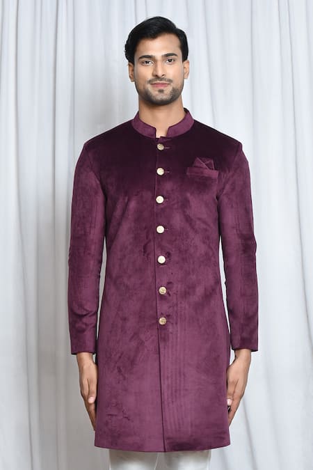 Shop_Arihant Rai Sinha_Wine Velvet, Polyester Sherwani Set _Online_at_Aza_Fashions