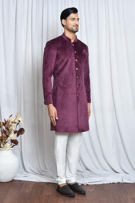 Arihant Rai Sinha_Wine Velvet, Polyester Sherwani Set _at_Aza_Fashions
