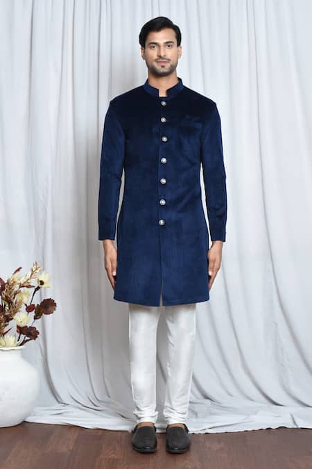 Buy_Arihant Rai Sinha_Blue Velvet, Polyester Solid Sherwani Set _Online_at_Aza_Fashions