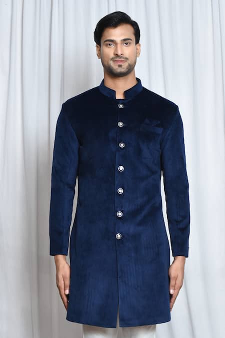 Shop_Arihant Rai Sinha_Blue Velvet, Polyester Solid Sherwani Set _Online_at_Aza_Fashions