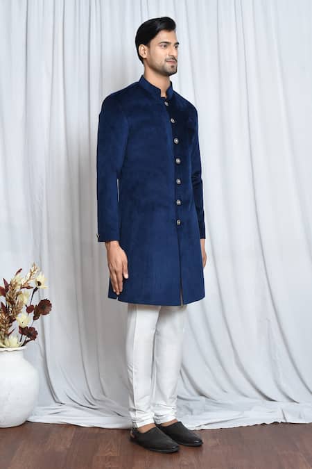 Arihant Rai Sinha_Blue Velvet, Polyester Solid Sherwani Set _at_Aza_Fashions