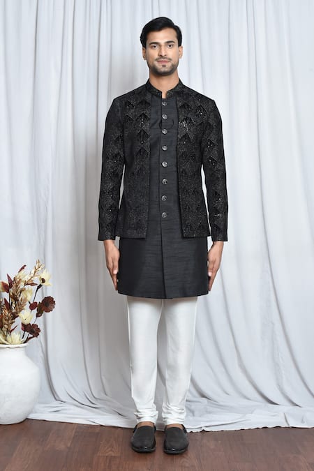 Buy_Arihant Rai Sinha_Black Velvet, Polyester Sequins, Embroidery And Thread Sherwani Set _Online_at_Aza_Fashions