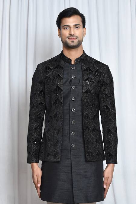 Shop Arihant Rai Sinha Black Velvet, Polyester Sequins, Embroidery And Thread Sherwani Set Online at Aza Fashions Shop_Arihant Rai Sinha_Black Velvet, Polyester Sequins, Embroidery And Thread Sherwani Set _Online_at_Aza_Fashions