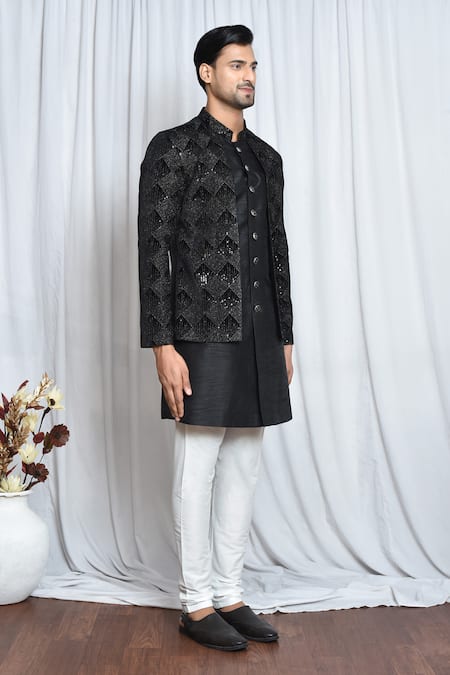 Arihant Rai Sinha_Black Velvet, Polyester Sequins, Embroidery And Thread Sherwani Set _at_Aza_Fashions