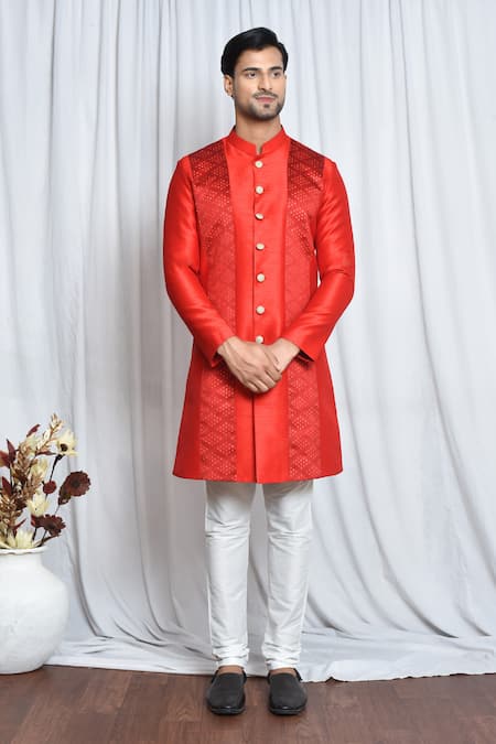 Aryavir Malhotra Red Sherwani Silk Woven Geometric Placement Set