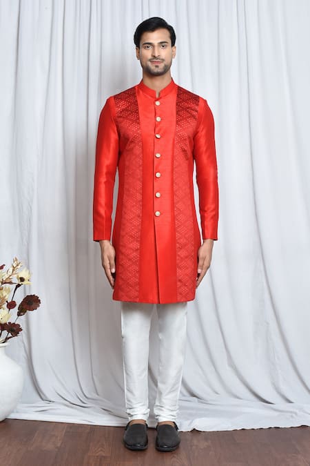 Buy_Arihant Rai Sinha_Red Silk, Polyester Geometric Placement Woven Sherwani Set _Online_at_Aza_Fashions