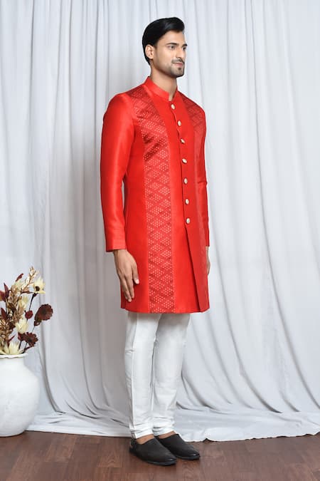 Arihant Rai Sinha_Red Silk, Polyester Geometric Placement Woven Sherwani Set _at_Aza_Fashions