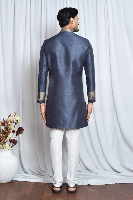 Shop_Arihant Rai Sinha_Grey Silk, Polyester Embroidery Floral Butta Woven Sherwani Set_at_Aza_Fashions