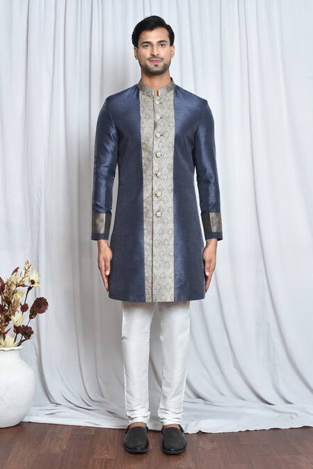 Buy_Arihant Rai Sinha_Grey Silk, Polyester Embroidery Floral Butta Woven Sherwani Set_Online_at_Aza_Fashions