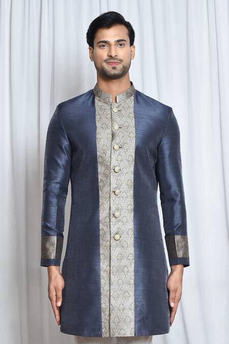 Shop Arihant Rai Sinha Grey Silk, Polyester Embroidery Floral Butta Woven Sherwani Set Online at Aza Fashions Shop_Arihant Rai Sinha_Grey Silk, Polyester Embroidery Floral Butta Woven Sherwani Set_Online_at_Aza_Fashions