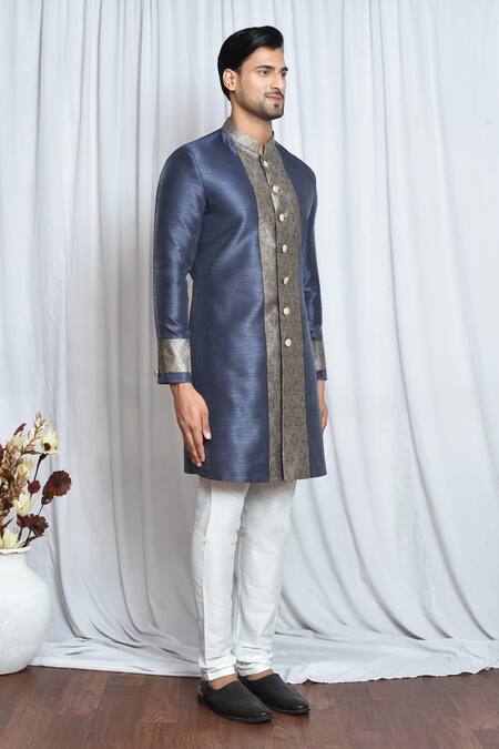 Arihant Rai Sinha_Grey Silk, Polyester Embroidery Floral Butta Woven Sherwani Set_at_Aza_Fashions