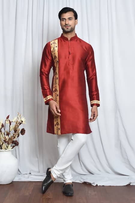 Arihant Rai Sinha Maroon Silk Printed Chevron Patch Work Kurta 