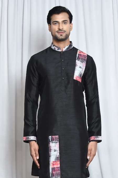 Arihant Rai Sinha_Black Silk Embroidery Geometric Print Patch Work Kurta _Online_at_Aza_Fashions