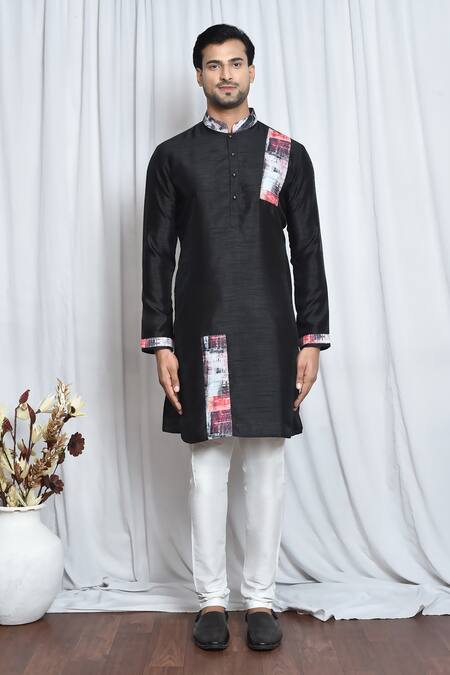 Buy_Arihant Rai Sinha_Black Silk Embroidery Geometric Print Patch Work Kurta _Online_at_Aza_Fashions