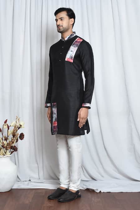 Shop_Arihant Rai Sinha_Black Silk Embroidery Geometric Print Patch Work Kurta _Online_at_Aza_Fashions