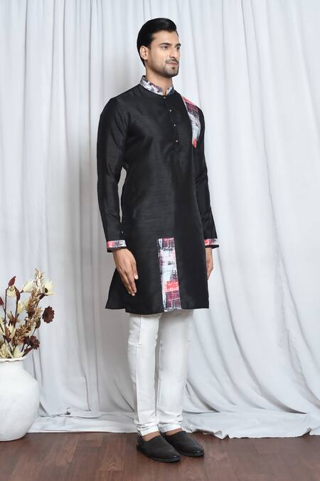 Arihant Rai Sinha_Black Silk Embroidery Geometric Print Patch Work Kurta _at_Aza_Fashions