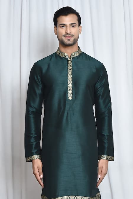 Arihant Rai Sinha Green Silk Embroidery Mughal Pattern Patch Work Kurta Online at Aza Fashions Arihant Rai Sinha_Green Silk Embroidery Mughal Pattern Patch Work Kurta _Online_at_Aza_Fashions