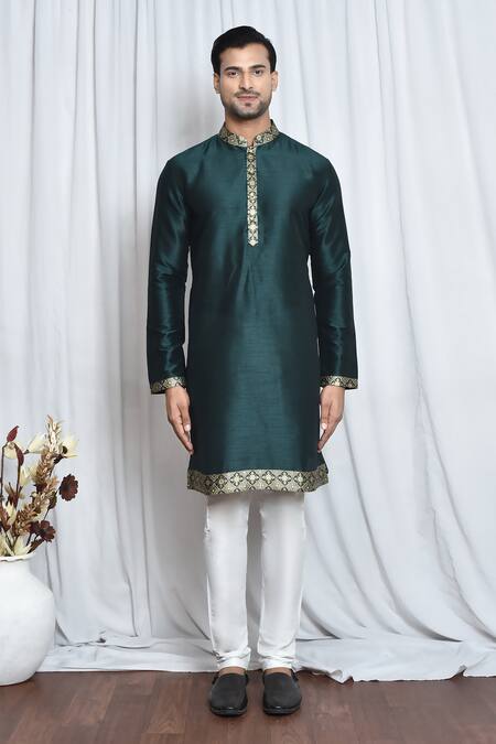 Buy_Arihant Rai Sinha_Green Silk Embroidery Mughal Pattern Patch Work Kurta _Online_at_Aza_Fashions