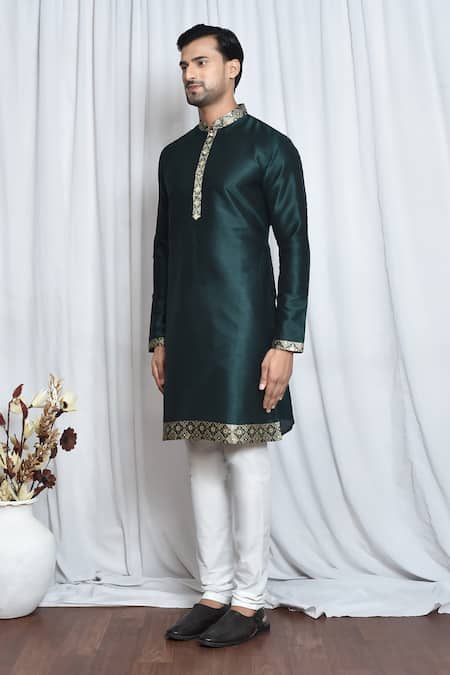 Shop_Arihant Rai Sinha_Green Silk Embroidery Mughal Pattern Patch Work Kurta _Online_at_Aza_Fashions