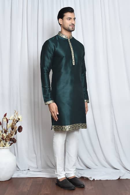 Arihant Rai Sinha_Green Silk Embroidery Mughal Pattern Patch Work Kurta _at_Aza_Fashions